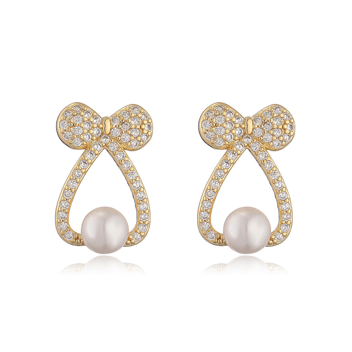 Geometric Bowknot Butterfly Earrings for Women with Copper Base Plated in Real Gold Micro-Paved Zirconia and Pearl Accents