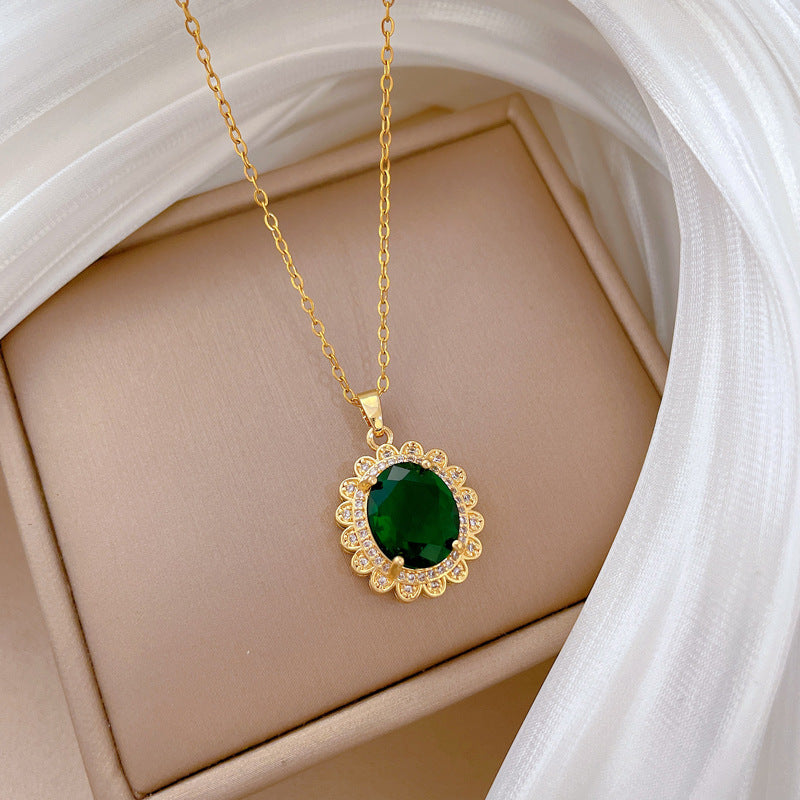 Collana da Donna Vintage a Forma di Uovo in Acciaio Inox con Intarsio Completo di Strass, Delicata Catena per Clavicole