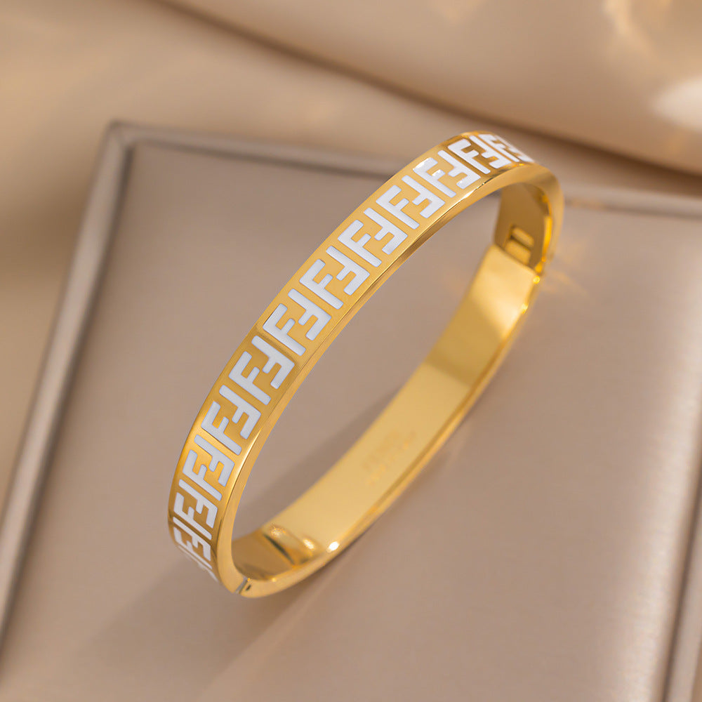 Minimalist Luxury F Letter Bracelet for Women in Titanium Steel with Enamel Finish and Star Accent