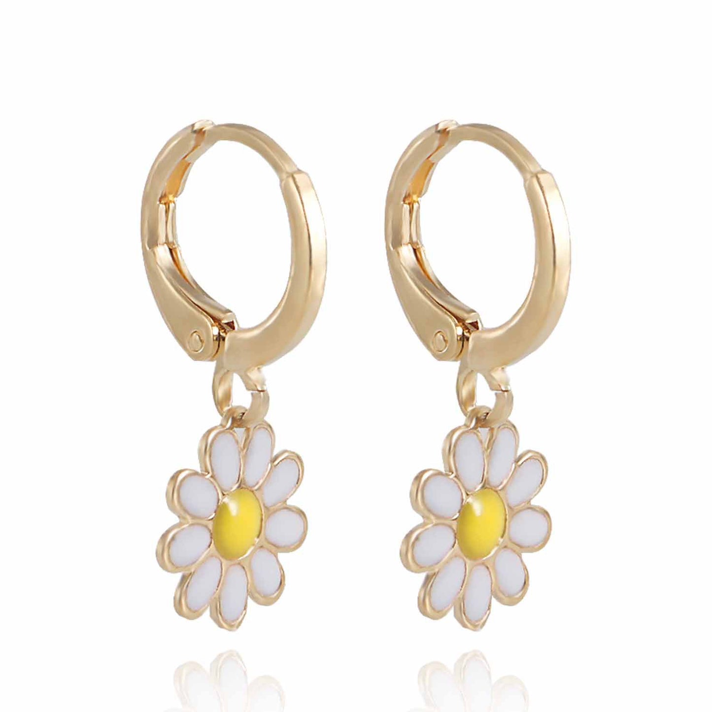 Pendientes minimalistas de aleación con baño de oro, esmaltados con diseño de flor geométrica para mujer