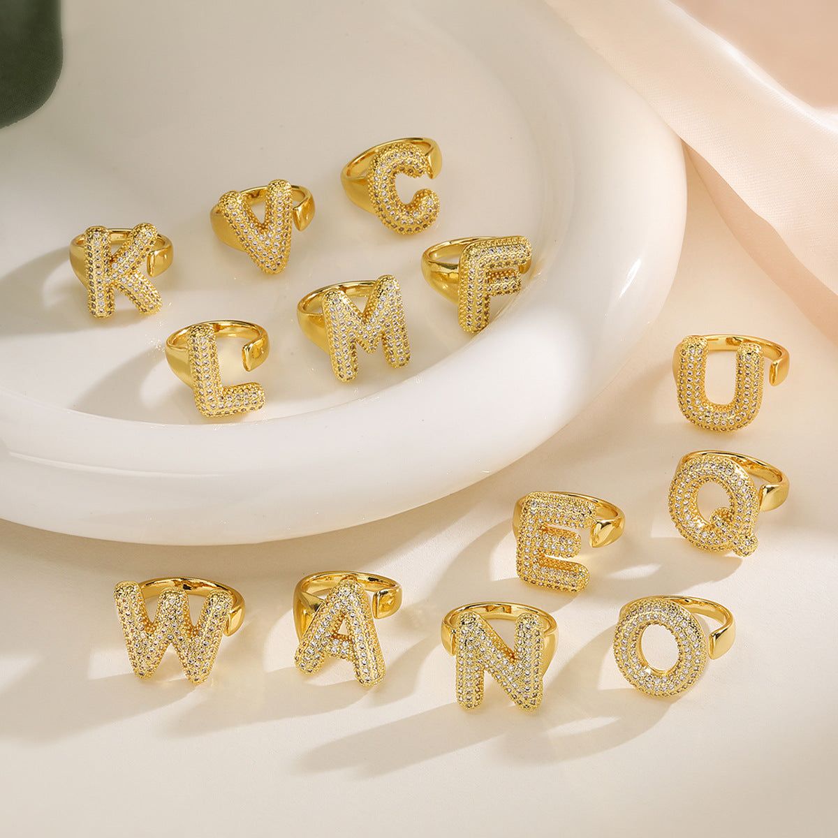 Minimalist Geometric Letter Zirconia Ring for Women in Copper with Gold Plating and Micro-Pavé Setting