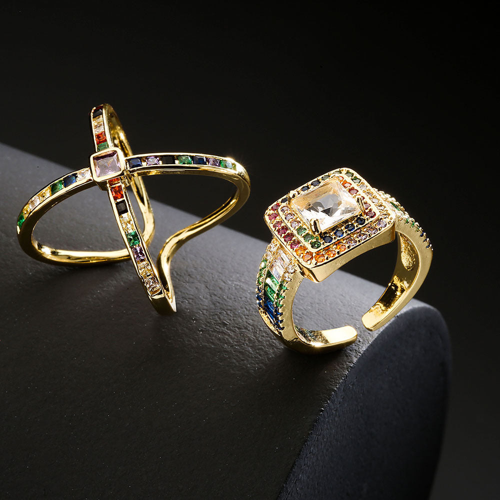 INS-Inspired Geometric Open Ring for Women Made of Copper with 18K Gold Plating and T-Zirconia Inlay