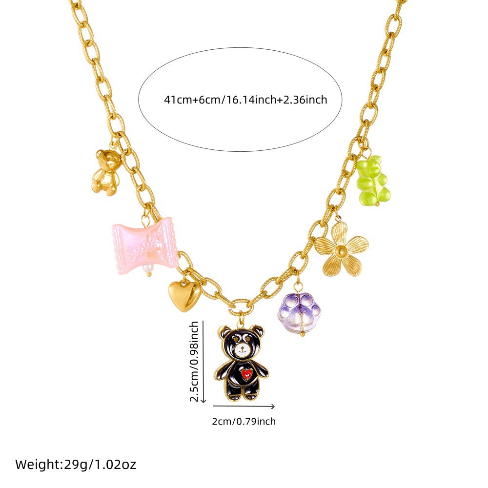Casual Cartoon Floral Heart Animal Drip Oil Gold Plated Stainless Steel Pendant Necklace with Cable Chain
