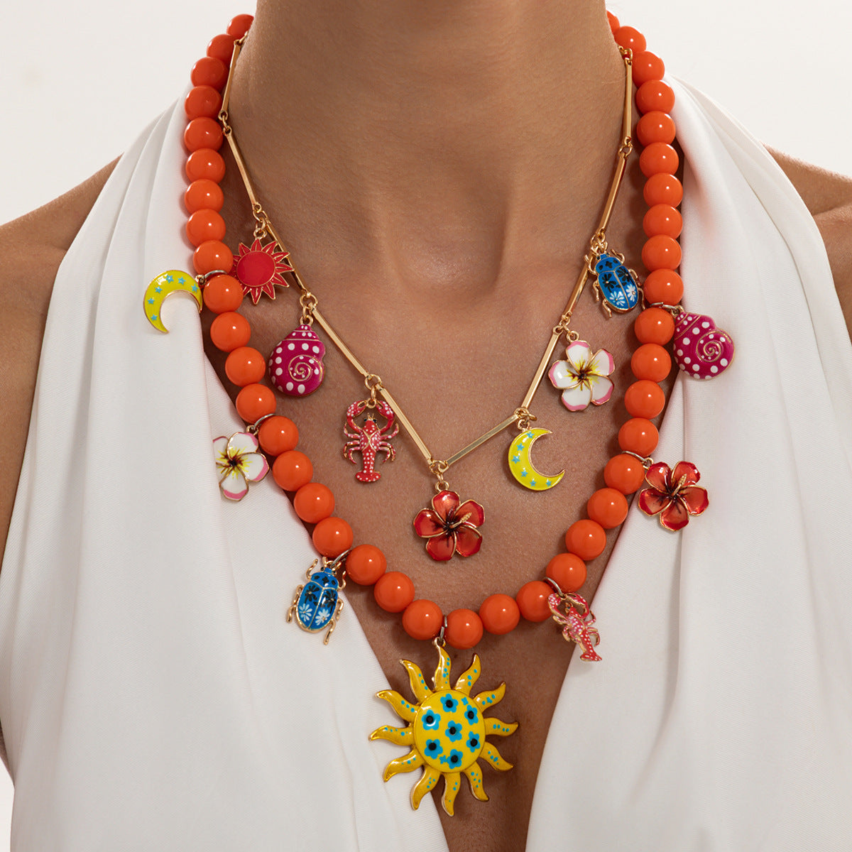 Bohemian Vintage Floral Animal Drip Oil Resin Zinc Alloy Pendant Necklace Brass Plated Cable Chain Women's Jewelry