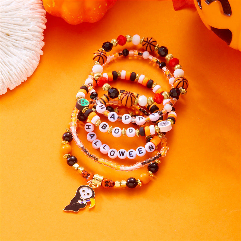 Bracciale da donna con perline a forma di teschio, zucca e fantasma in stile cartone animato, con ciondolo in lega e tema festa di Halloween