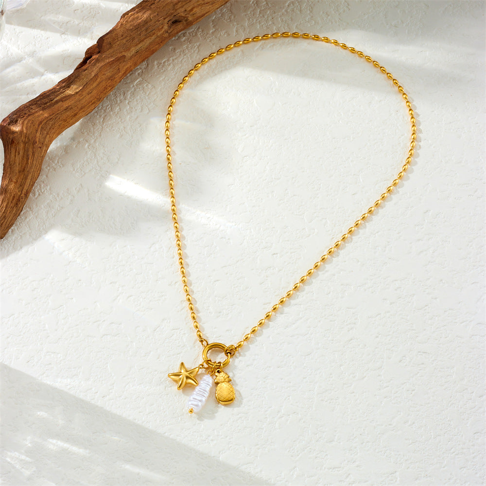 Fashion Gold Plated Stainless Steel Star and Fruit Pendant Ball Chain Necklace for Women