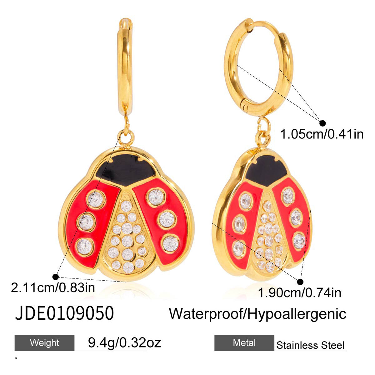 Set Collana con Ciondolo Coccinella alla Moda in Acciaio Inossidabile con Finitura Placcata da Donna Include Orecchini Bracciale e Collana