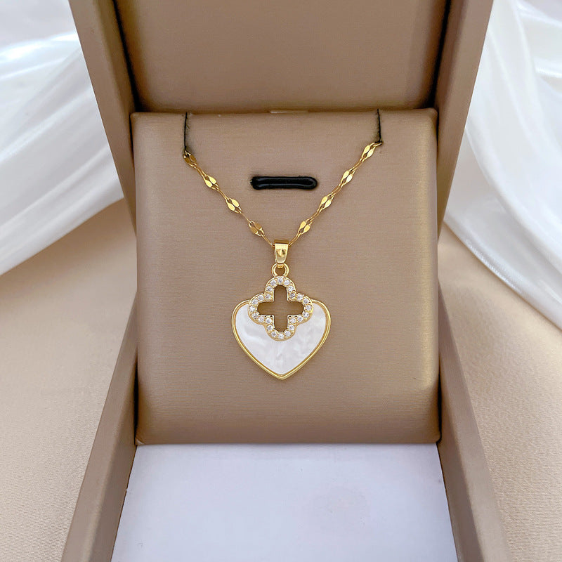Collana pendente minimalista con cuore e quadrifoglio in acciaio inossidabile con strass per donna e uomo