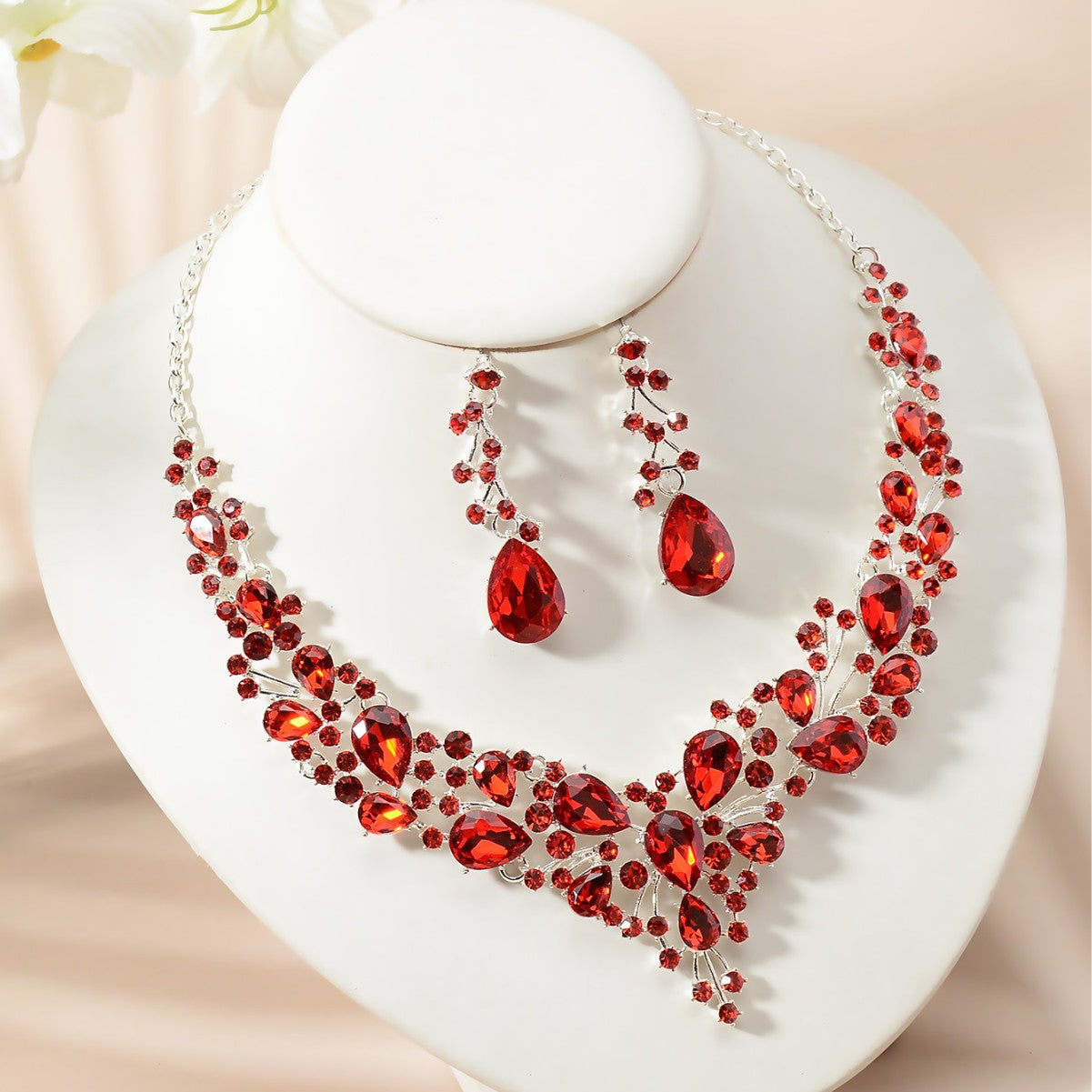 Luxury Elegant Floral Rhinestone Plated Necklace and Earring Set for Women Wedding Party
