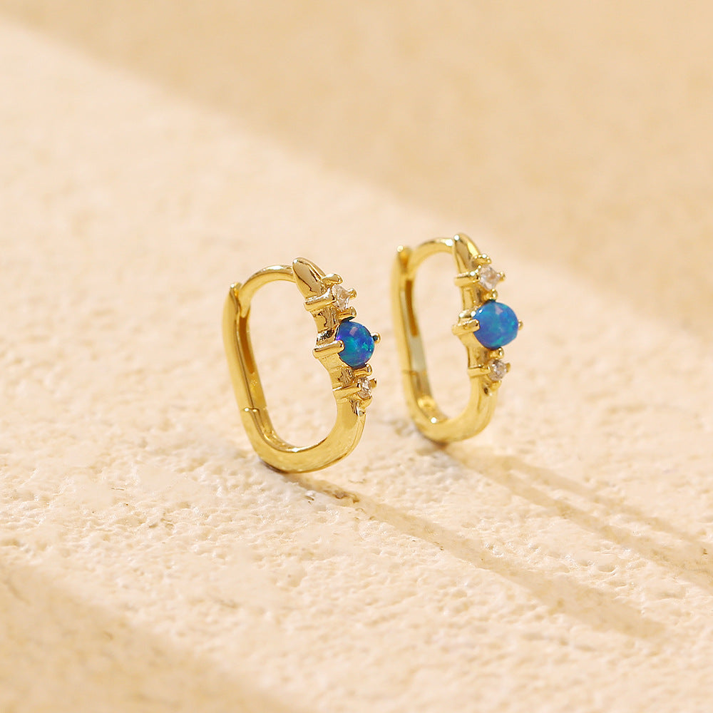 Pendientes de Aro Rectangulares de Plata de Ley 925 con Ópalo, Elegantes y Minimalistas para Mujer