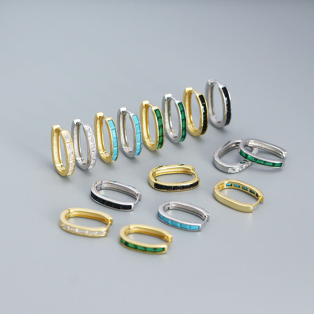 Vintage French-Style Enamel U-Shaped Earrings in Sterling Silver with Geometric Design for Women