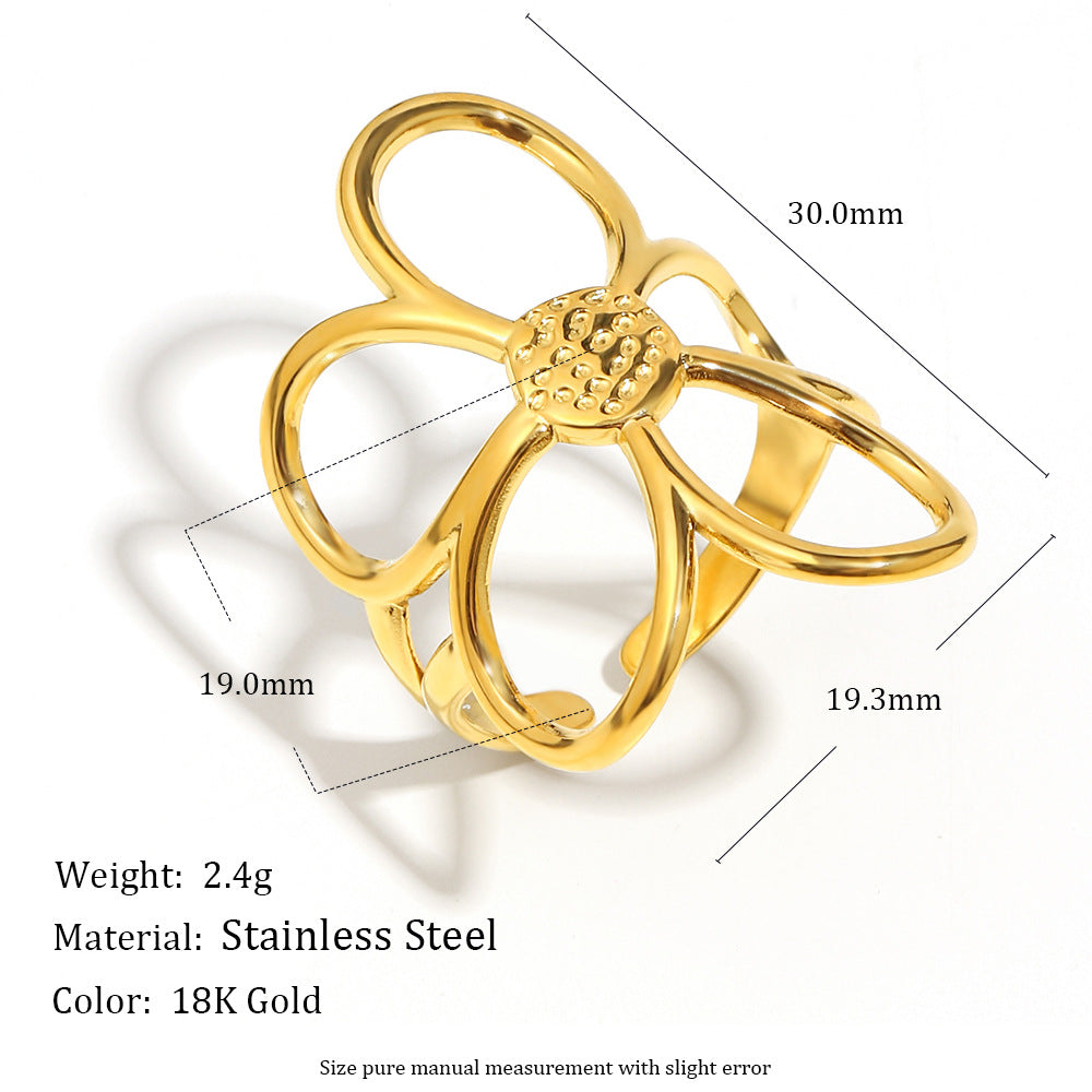 Anello aperto floreale oversize vintage in acciaio inossidabile placcato oro 18 carati da donna