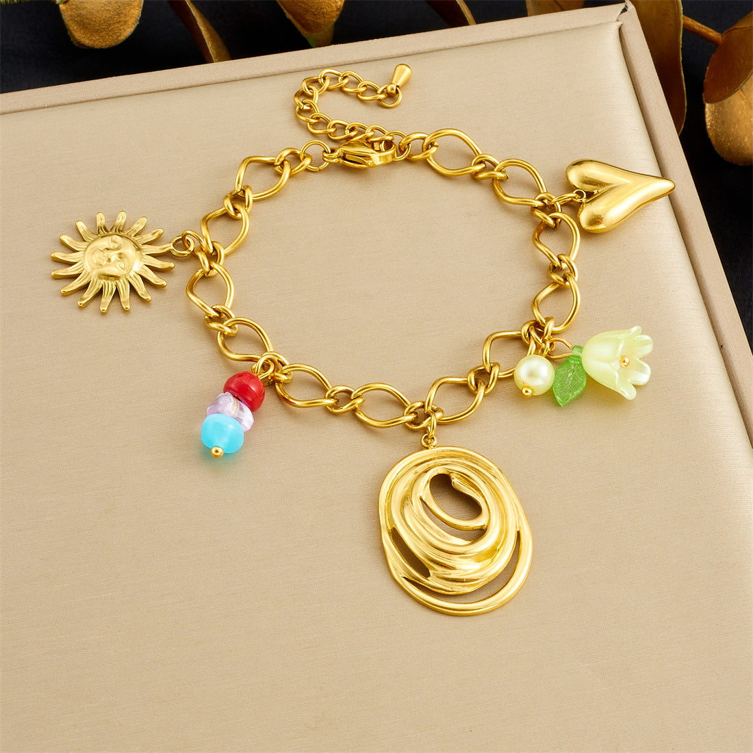 Sweet Minimalist Colorful Acrylic Beaded Lily of the Valley Heart Teardrop Pendant Stainless Steel Plated Cable Chain Jewelry Set for Women