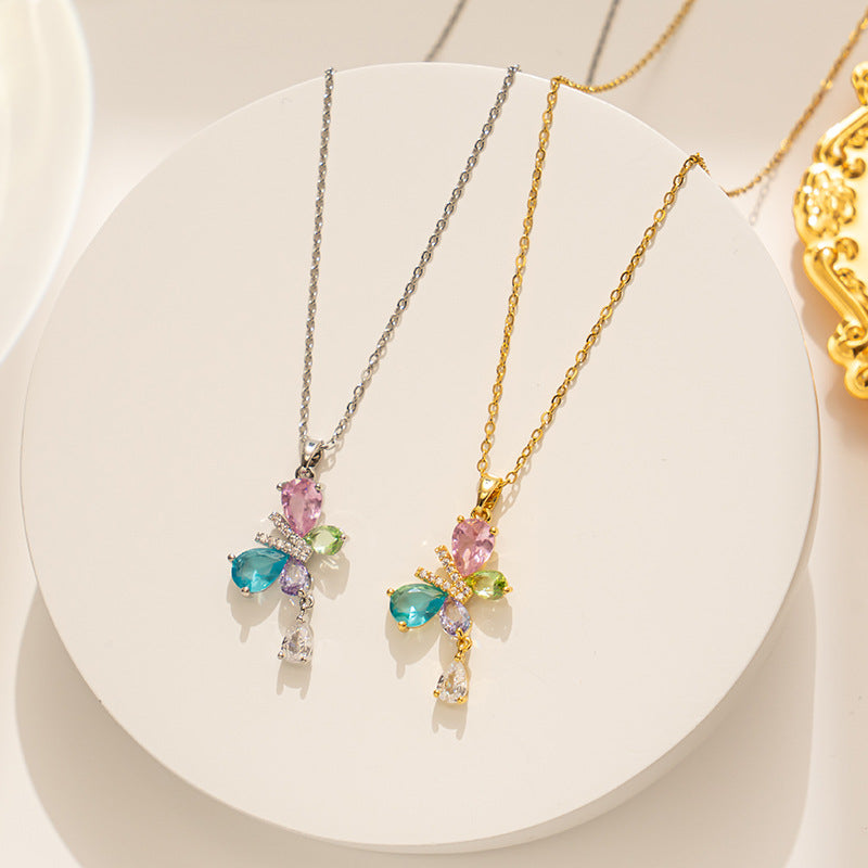 Elegant Butterfly-Shaped Titanium Steel Necklace with Clear Colored Zircon Inlay for Women