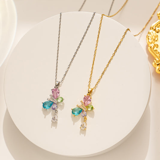 Elegant Butterfly-Shaped Titanium Steel Necklace with Clear Colored Zircon Inlay for Women