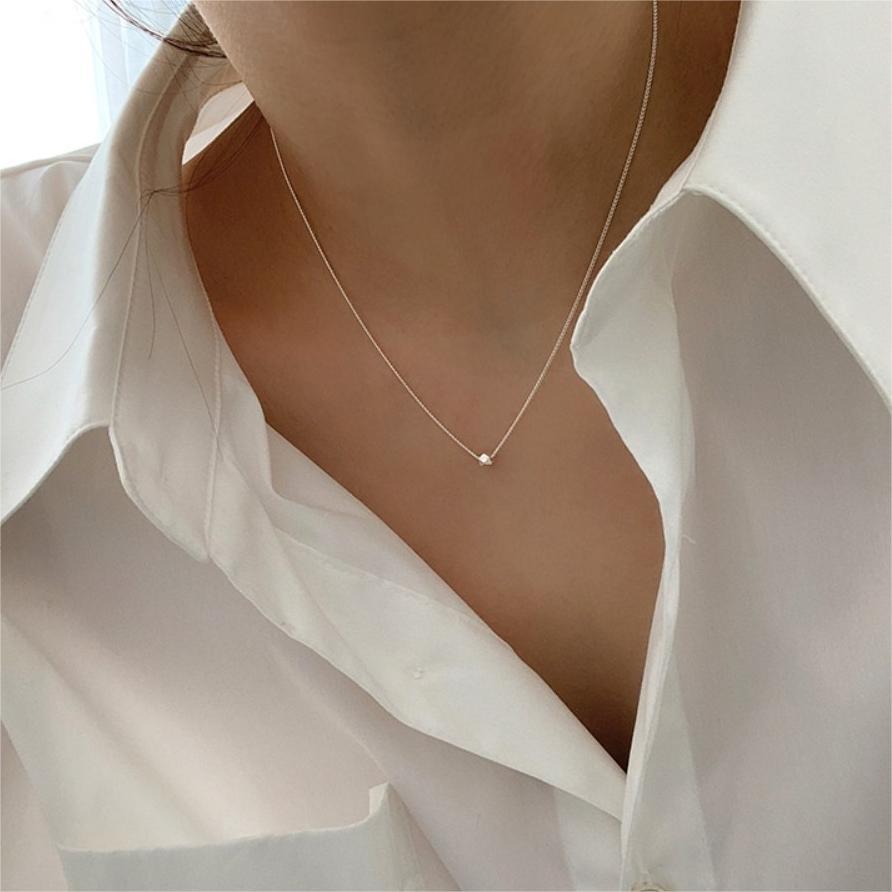 Minimalist Geometric Square-Cut Pendant Necklace in 925 Sterling Silver with Rhodium Plating and Rainbow Accents on Snake Chain