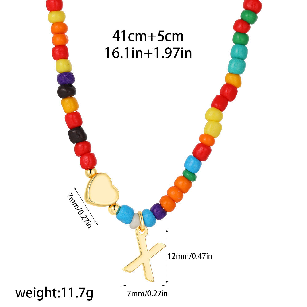 Collana Unisex Casual Placcata Oro 14K con Ciondolo a Cuore Lettera e Perline in Acciaio Inossidabile