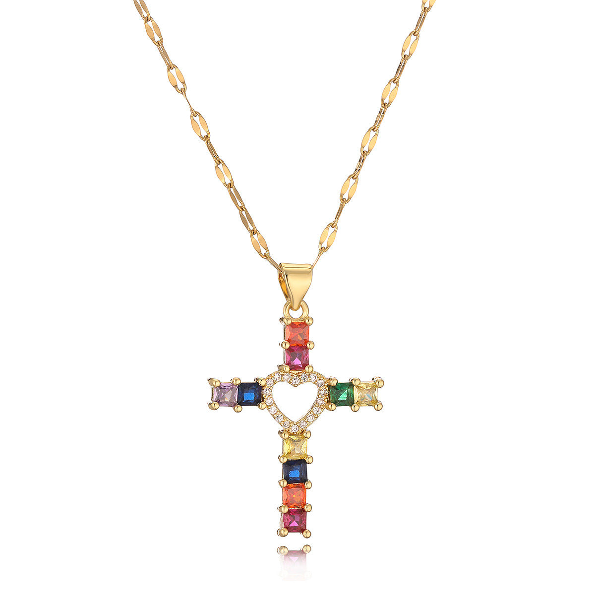 Collana con pendente a croce irregolare geometrica minimalista da donna in ottone placcato oro vero con intarsio in zirconi