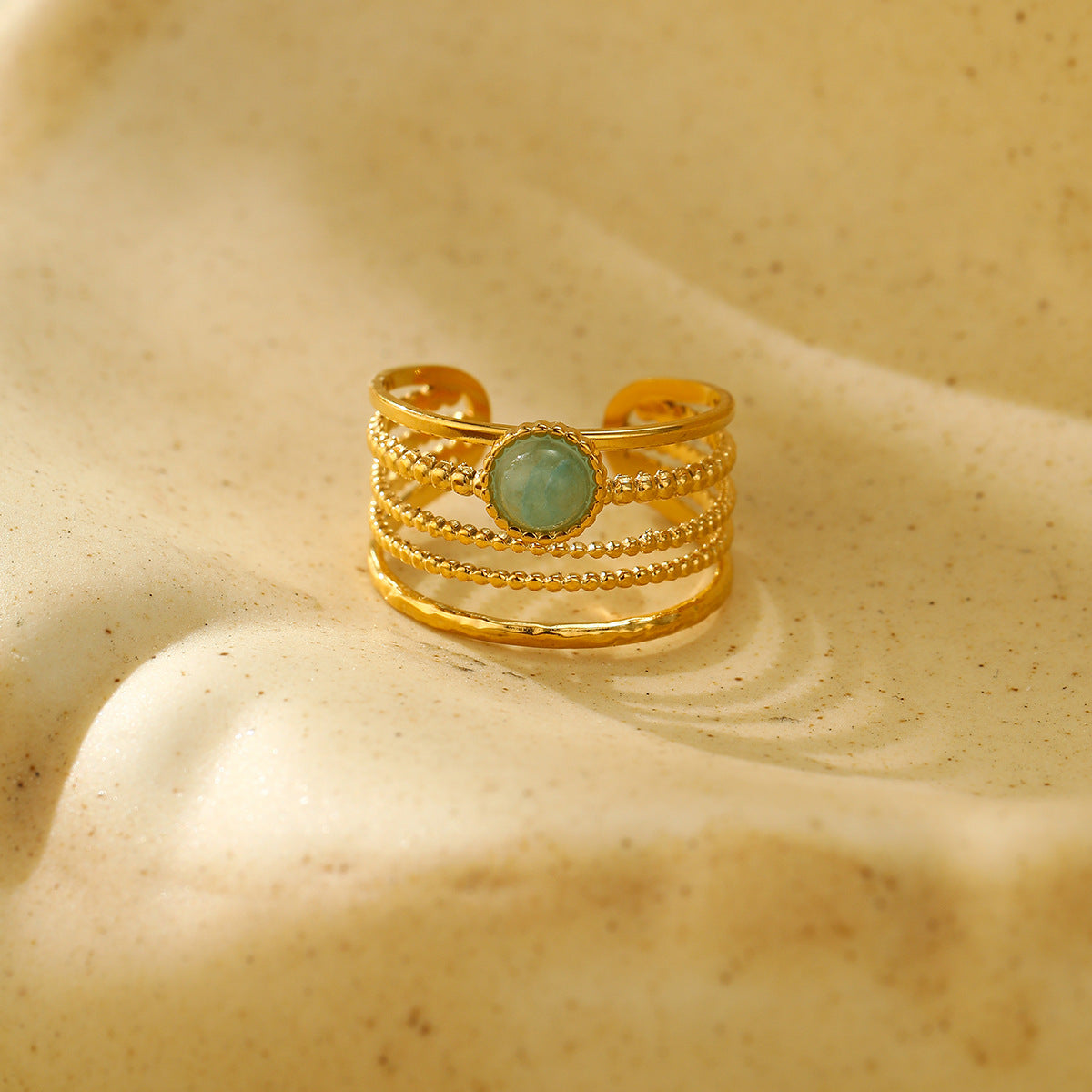 Fashionable Minimalist Round Titanium Steel Ring with 18K Gold Plating and Natural Green Aventurine Stone for Women