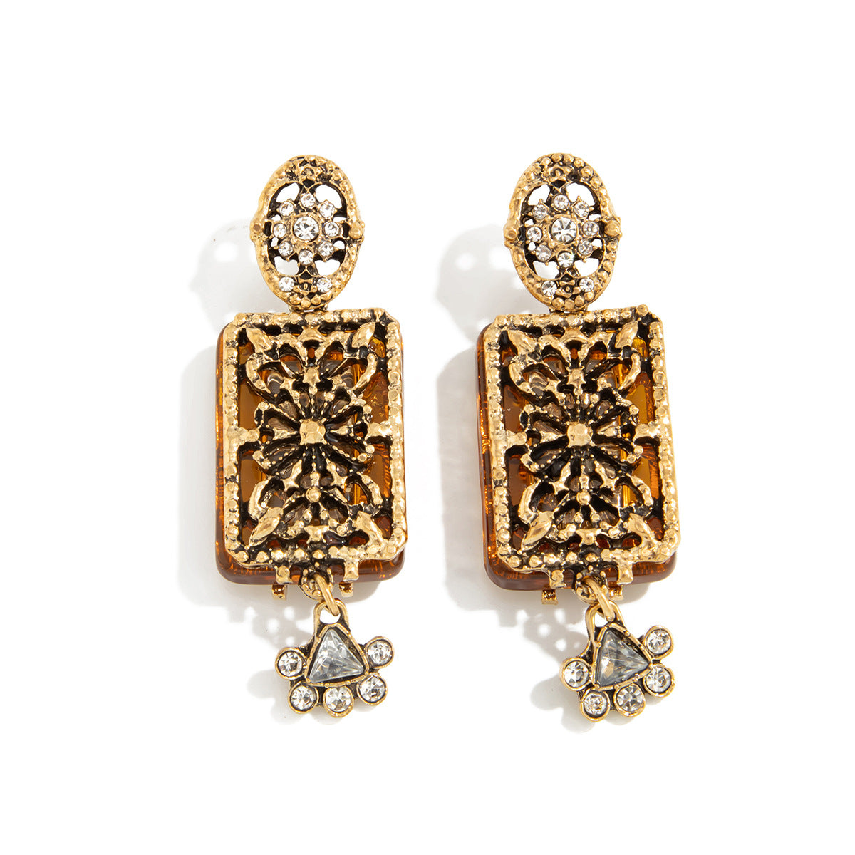 Vintage Floral Rhinestone Inlay Plated Alloy Earrings for Women