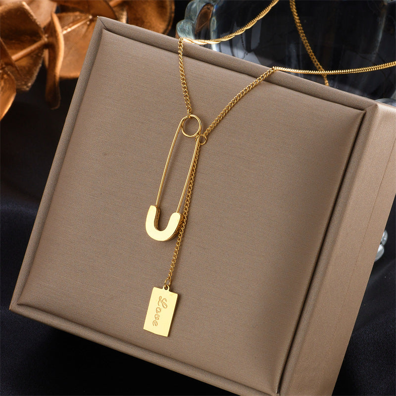 Fashionable Irregular Heart Square Smiley Pendant Necklace in Gold-Plated Titanium Steel for Women