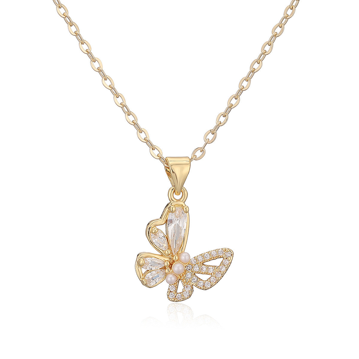Minimalist Luxury Gold Plated Brass Butterfly Geometric Pendant Necklace with Cubic Zirconia for Women