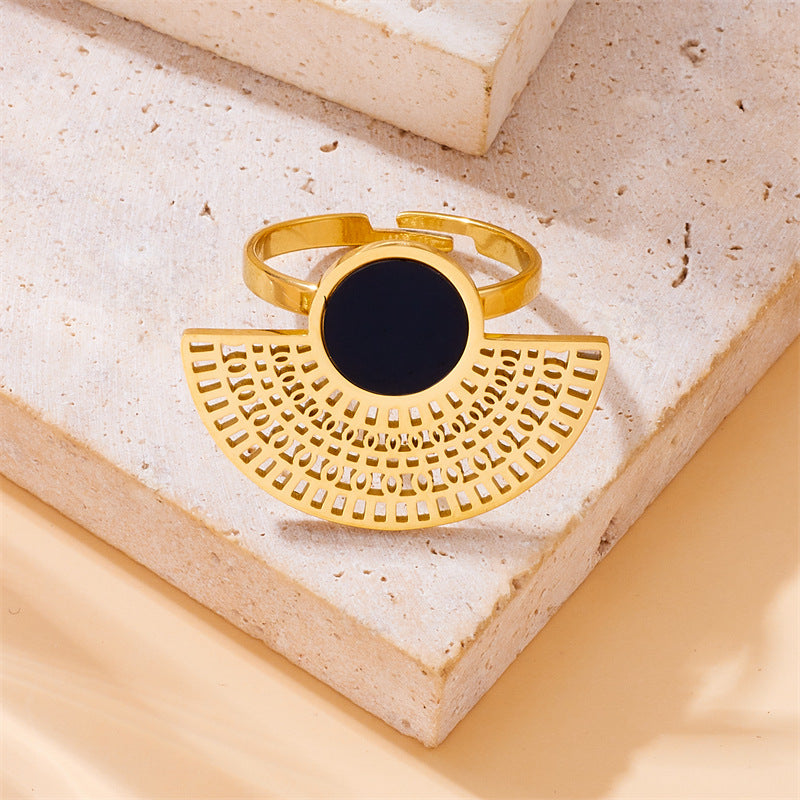 Juego de collar, pendientes y anillo de acero inoxidable chapado en oro negro con forma de abanico, estilo vintage