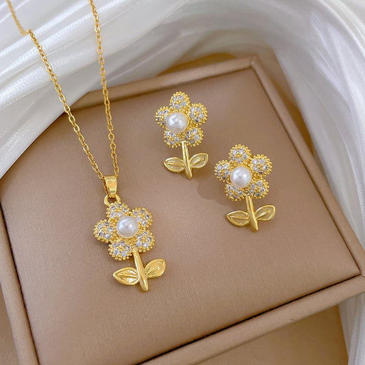 Minimalist Leaf and Flower Shaped Titanium Steel Necklace and Earrings Set with Rhinestone Inlay for Women
