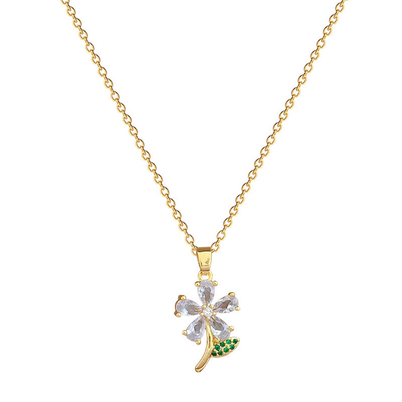 Minimalist Five-Petal Leaf Floral Pendant Necklace in Titanium Steel with Rhinestone Inlay for Women