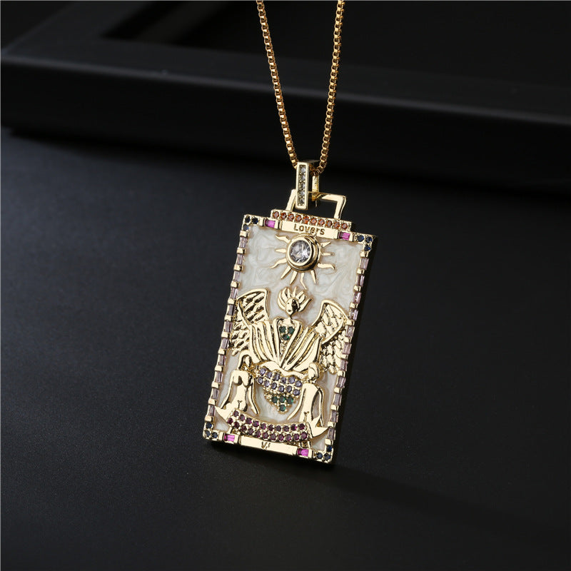 Minimalist Geometric Tarot Pendant Necklace in Copper with 18K Gold Plating and Zircon Inlay for Women