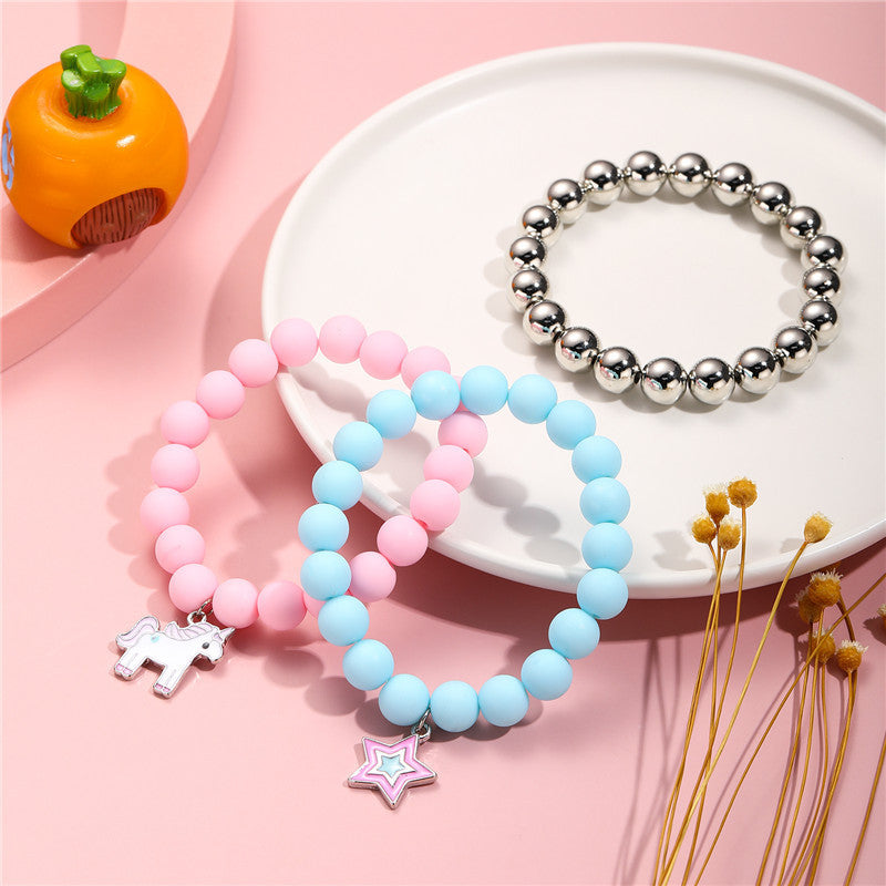 Cute Candy-Colored Beaded Bracelet with Cartoon Unicorn Pendant for Girls Children Sweet Animal-Shaped Resin Plastic Jewelry Set