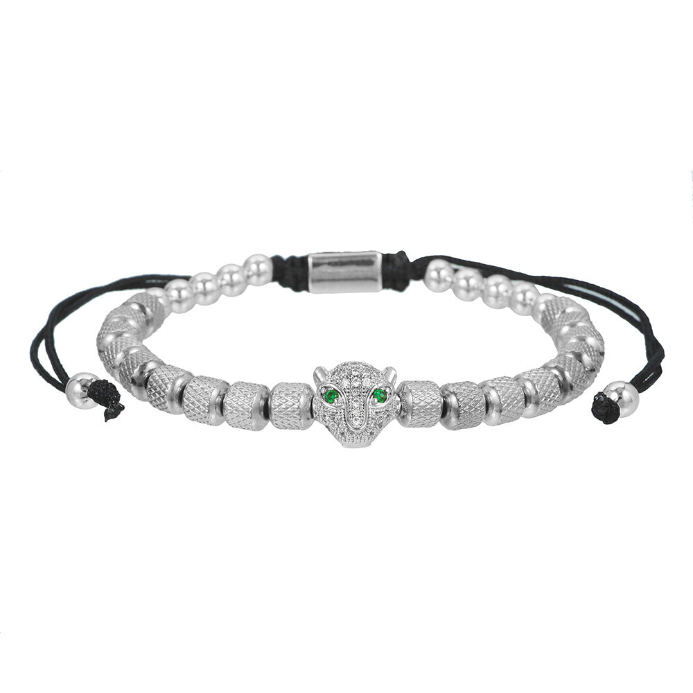 Micro-Paved Cubic Zirconia Leopard Head Stainless Steel Geometric Bracelet