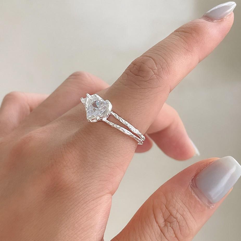 Anello aperto in argento sterling S925, dolce, minimalista, a forma di cuore irregolare con zirconi incastonati