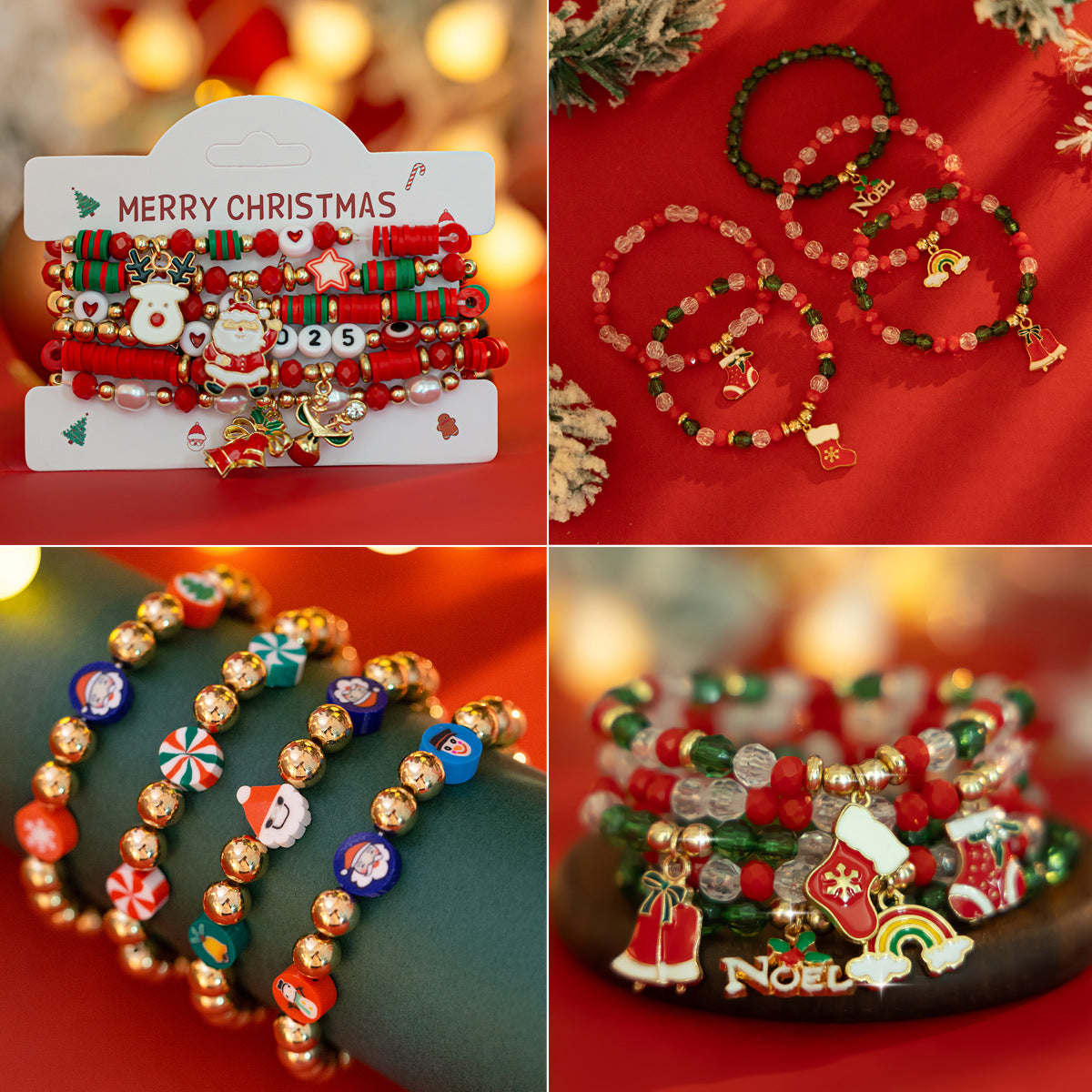 Geometric Resin Beaded Bracelet Set Christmas Theme Unisex Jewelry