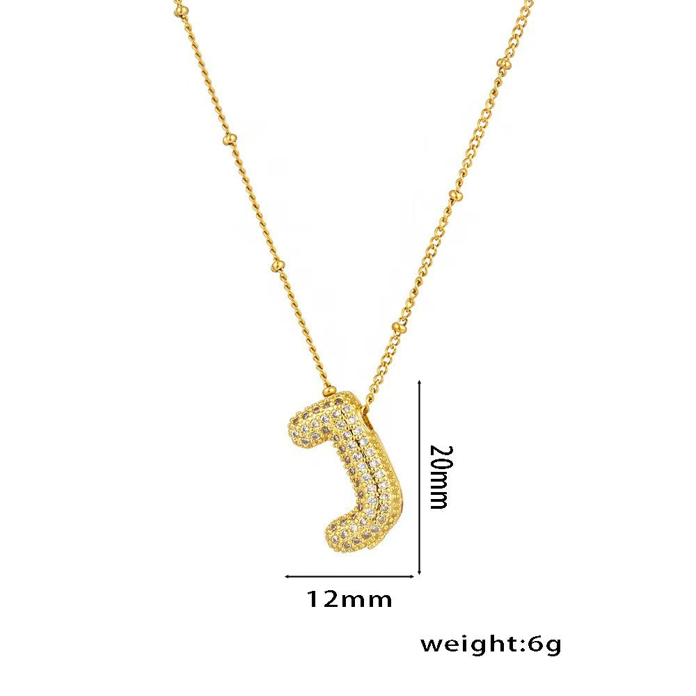 Collana con ciondolo a lettera in zirconi micro-pavé placcato oro 18 carati, catena di perline in acciaio inossidabile/acciaio al titanio, gioielli unisex alla moda per pendolari