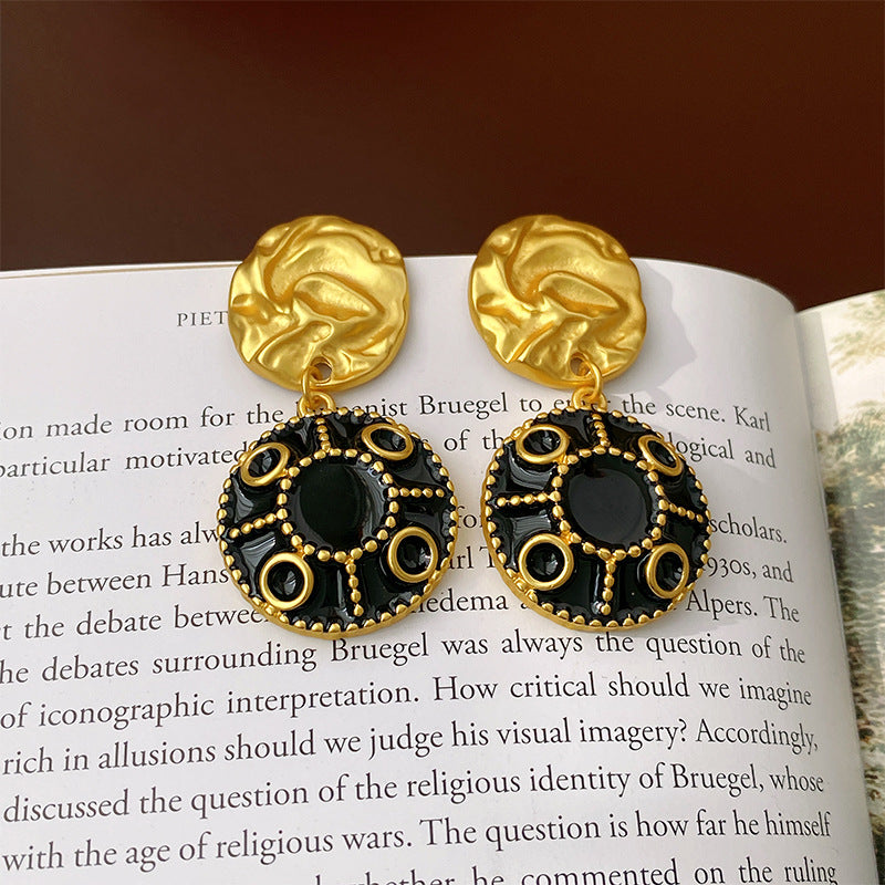 Pendientes redondos geométricos vintage de aleación con acabado esmaltado para mujer