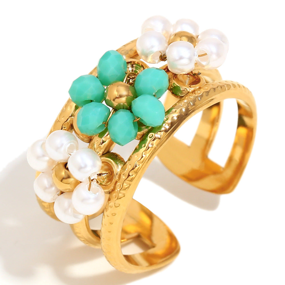 Bohemian Style Floral Geometric Stainless Steel Plated 18K Gold Adjustable Beaded Ring for Women
