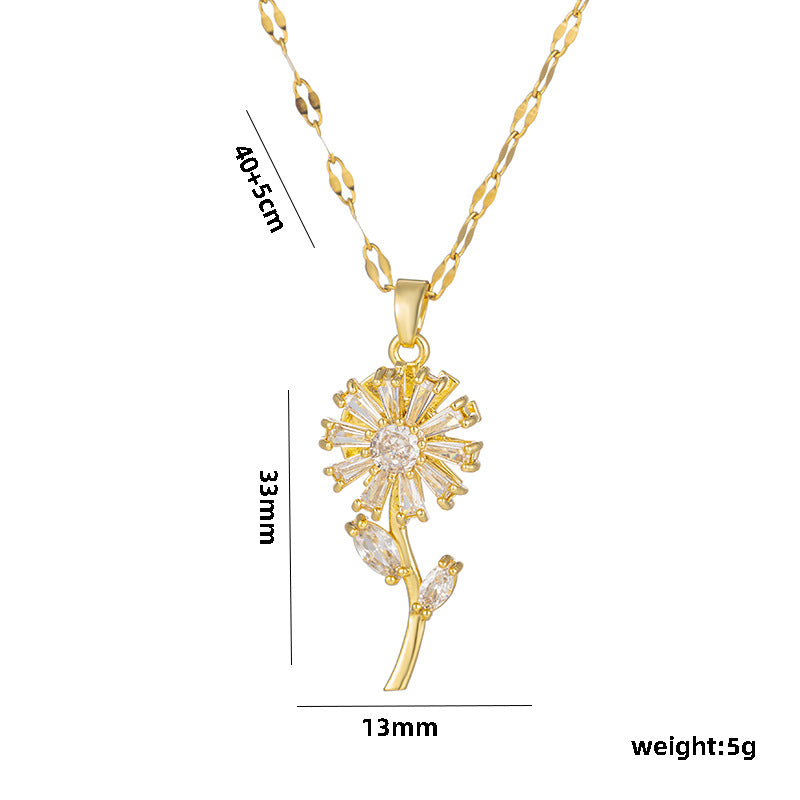 Collana pendente girasole minimalista da donna con catena in acciaio al titanio e intarsio in strass, design geometrico, accessorio di moda leggero