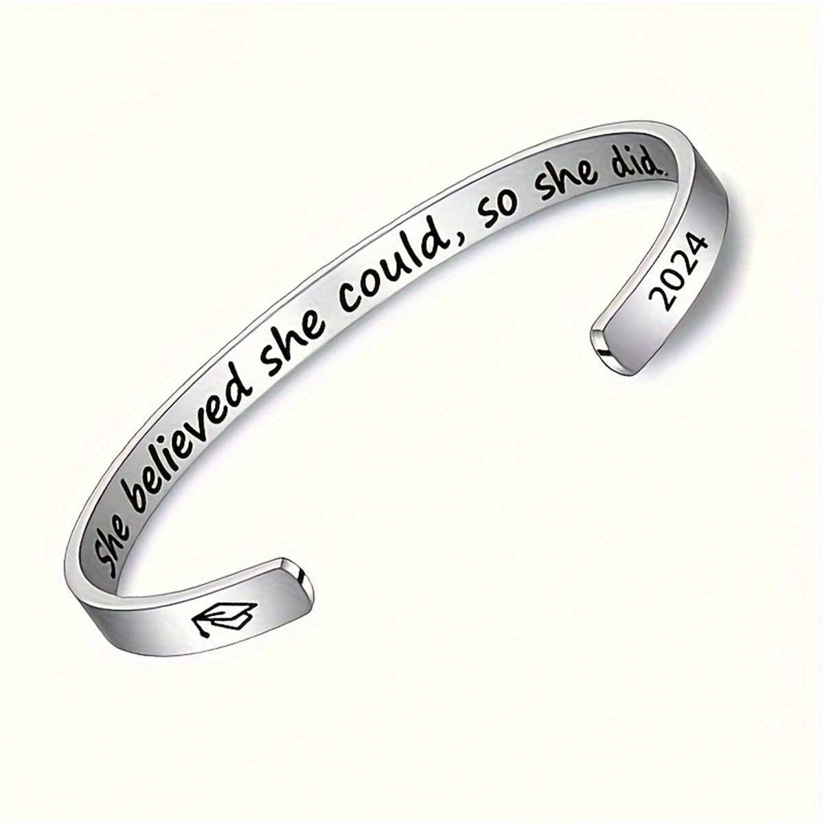 Adjustable C-Shaped Stainless Steel Engraved Bracelet with Inspirational Message, Minimalist Geometric Design