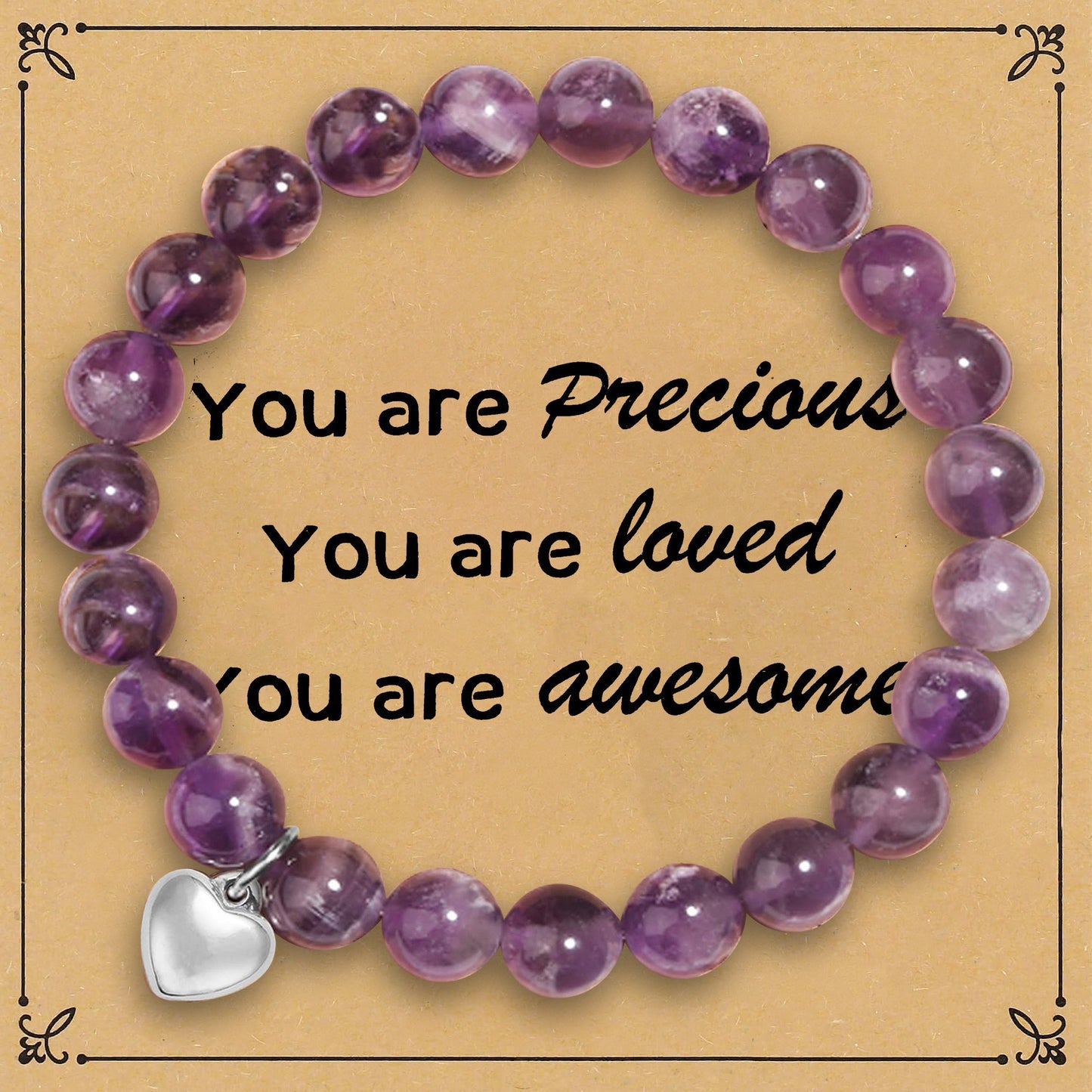 Minimalist Stainless Steel Amethyst Crystal Heart Beaded Bracelet Unisex Business Gift