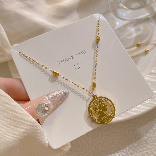 New Chinese Style Gold Plated Titanium Steel Round Pendant Necklace with Geometric Relief Design for Unisex