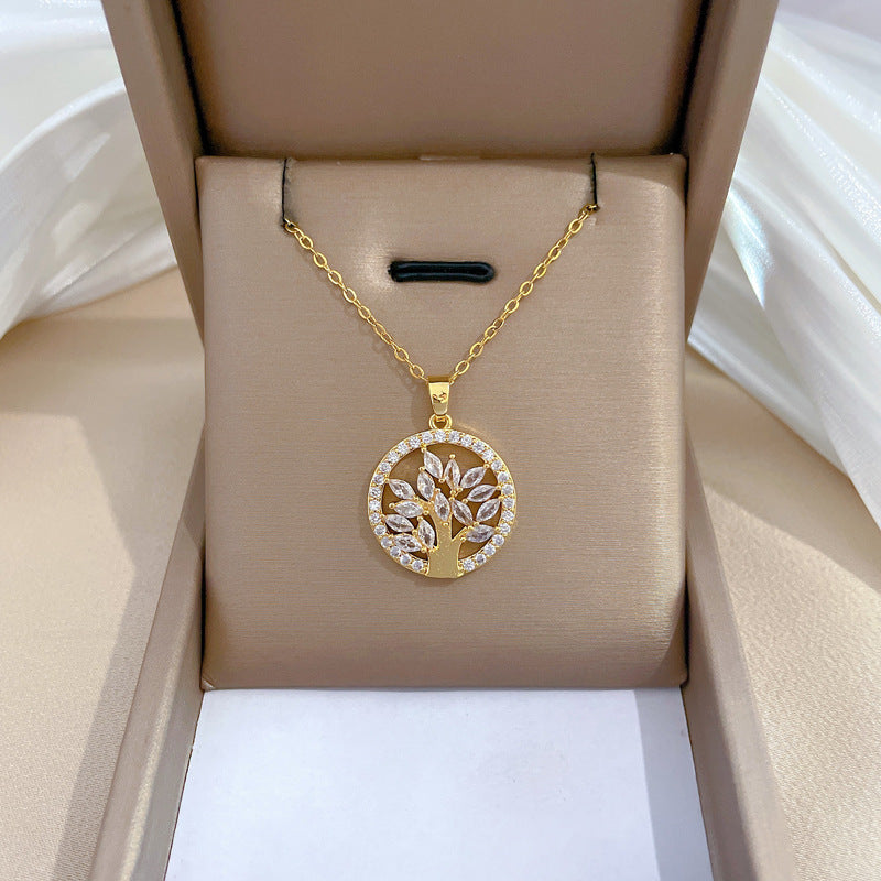 Collana con ciondolo Albero della Vita geometrico in acciaio al titanio di lusso da donna con intarsio in strass e catena in acciaio inossidabile
