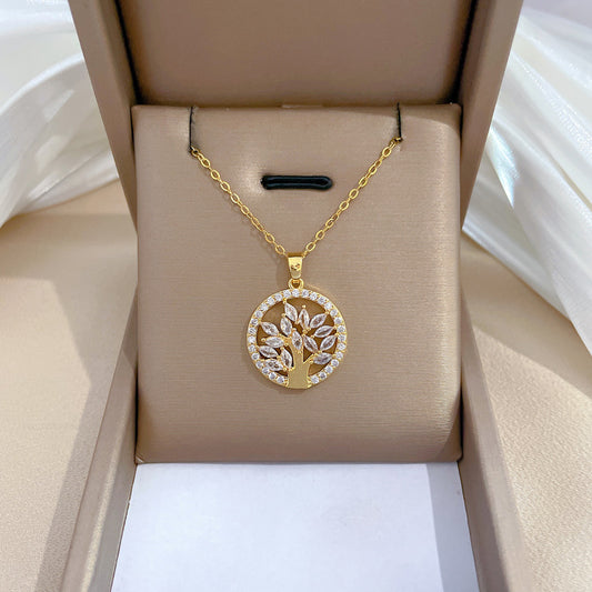 Luxury Titanium Steel Geometric Tree of Life Pendant Necklace for Women with Rhinestone Inlay and Stainless Steel Chain