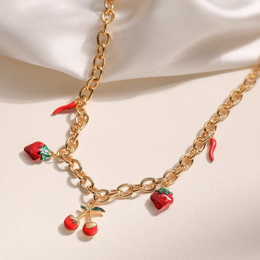 Minimalist Cherry Strawberry Pendant Necklace for Women with 18K Gold Plating on Stainless Steel