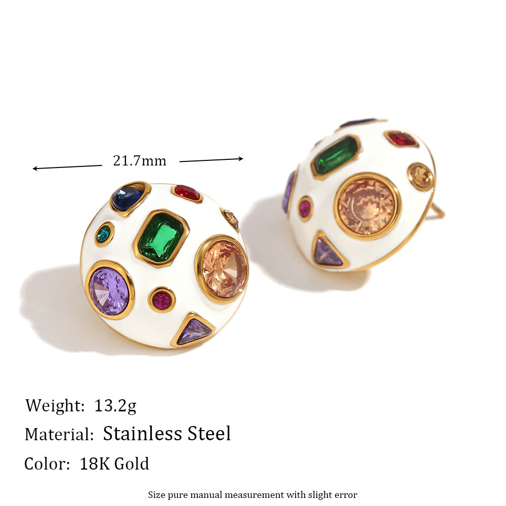 Minimalist Geometric Stainless Steel Earrings with 18K Gold Plating and White Enamel Finish for Women