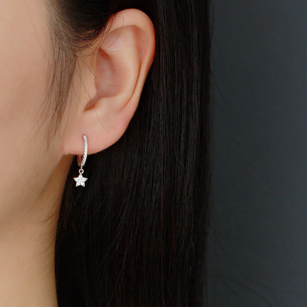Sweet 925 Sterling Silver Star Diamond Hoop Earrings