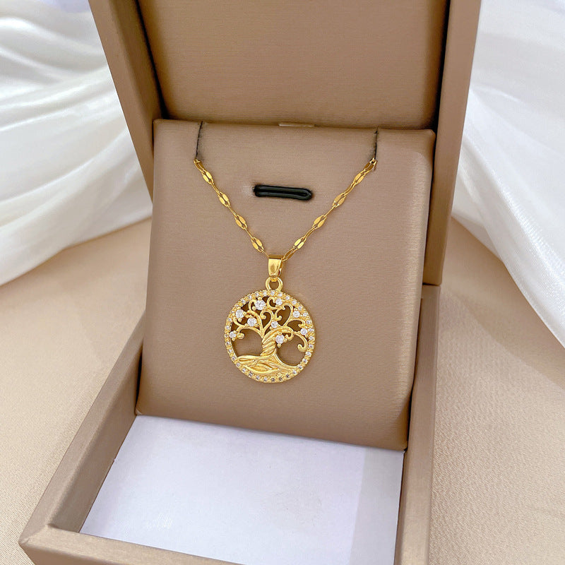 Luxury Titanium Steel Tree of Life Geometric Pendant Necklace with Rhinestone Inlay for Unisex