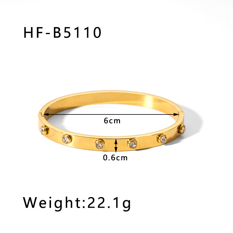 Vintage-Inspired Titanium Steel Cuff Bracelet with Zircon Inlay, Asymmetrical Design, Vacuum-Plated 18K Gold Finish for Women