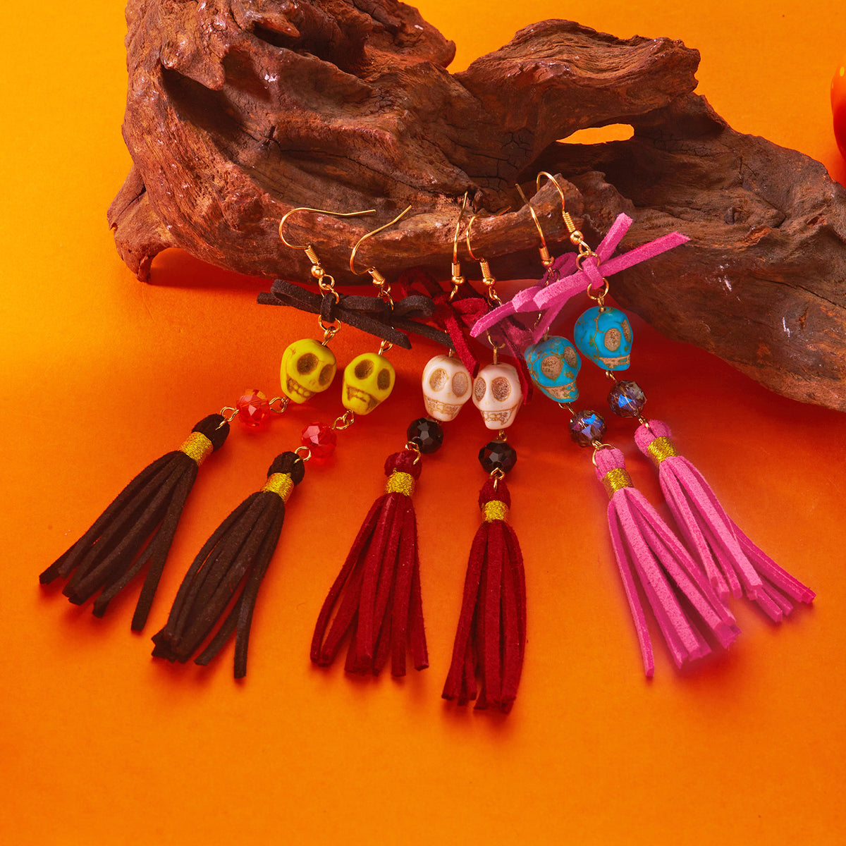 Creative Skull and Rose Tassel Bead Earrings Zinc Alloy Plated Unisex Holiday Jewelry