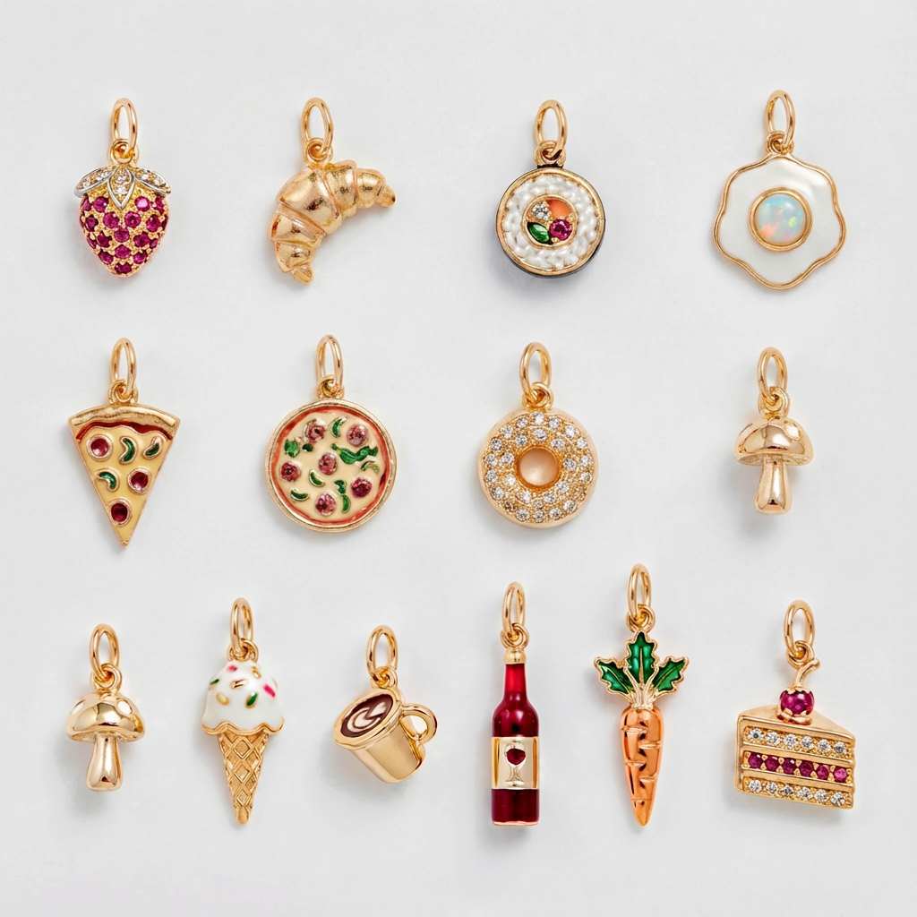 Vintage 14K Gold Plated Brass Drip Oil Pizza Charm Bar with Cubic Zirconia